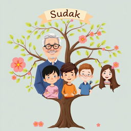 A family tree illustration featuring the Sudak family with six members
