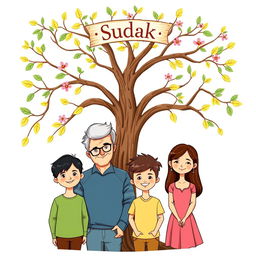 A family tree illustration featuring the Sudak family with six members
