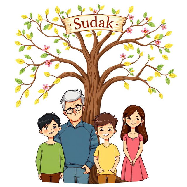 A family tree illustration featuring the Sudak family with six members