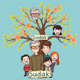 A family tree illustration featuring the Sudak family with six members