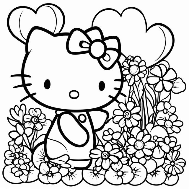 Black and white Hello Kitty themed colouring book page featuring Hello Kitty, a balloon, a butterfly, and a flower.