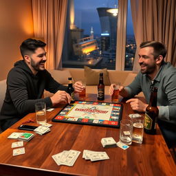 A cozy evening scene where three friends are sitting around a wooden table, engaged in an intense game of Monopoly