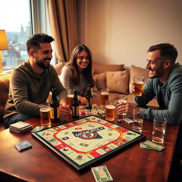 A cozy evening scene where three friends are sitting around a wooden table, engaged in an intense game of Monopoly