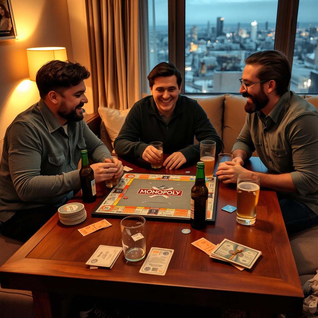 A cozy evening scene where three friends are sitting around a wooden table, engaged in an intense game of Monopoly