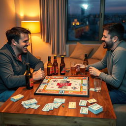 A cozy evening scene where three friends are sitting around a wooden table, engaged in an intense game of Monopoly