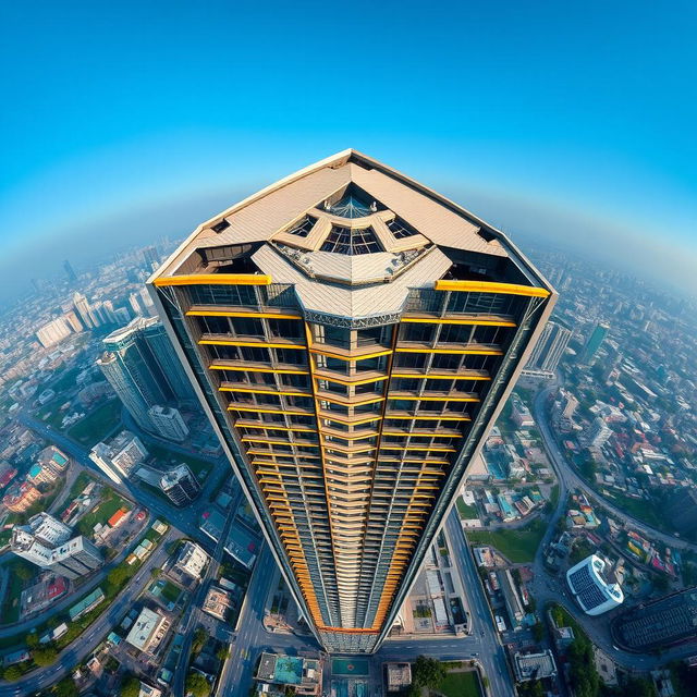 A breathtaking bird's eye view of a pentagon-shaped high-rise building in the concrete jungle of Gurgaon, India