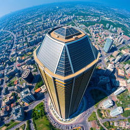 A breathtaking bird's eye view of a pentagon-shaped high-rise building in the concrete jungle of Gurgaon, India