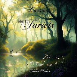 A captivating book cover design featuring a mystical forest scene, with ethereal light filtering through the trees