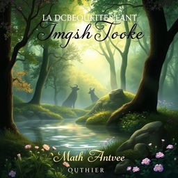 A captivating book cover design featuring a mystical forest scene, with ethereal light filtering through the trees