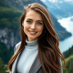 A beautiful Norwegian woman in her mid-20s, showcasing her striking brunette hair that cascades elegantly down her shoulders