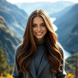 A beautiful Norwegian woman in her mid-20s, showcasing her striking brunette hair that cascades elegantly down her shoulders