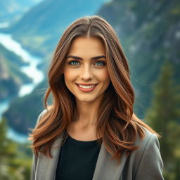 A beautiful Norwegian woman in her mid-20s, showcasing her striking brunette hair that cascades elegantly down her shoulders
