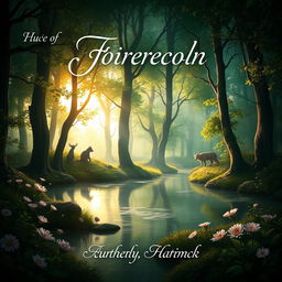 A captivating book cover design featuring a mystical forest scene, with ethereal light filtering through the trees