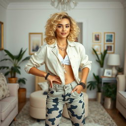 A young blonde woman with curly hair posing confidently in a stylish outfit that showcases her unique fashion sense