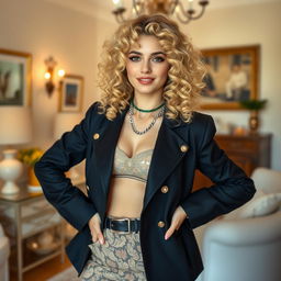 A young blonde woman with curly hair posing confidently in a stylish outfit that showcases her unique fashion sense