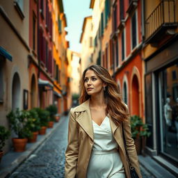 A 35-year-old woman with European features, dressed in elegant clothes, strolling gracefully along a picturesque Italian street
