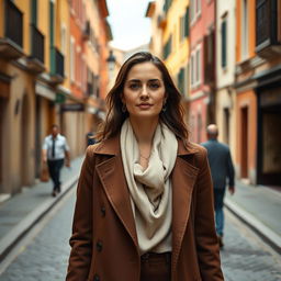 A 35-year-old woman with European features, dressed in elegant clothes, strolling gracefully along a picturesque Italian street