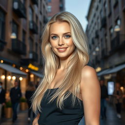 A beautiful Norwegian woman in her mid-20s, showcasing her stunning blonde hair that shines under the city lights