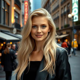 A beautiful Norwegian woman in her mid-20s, showcasing her stunning blonde hair that shines under the city lights