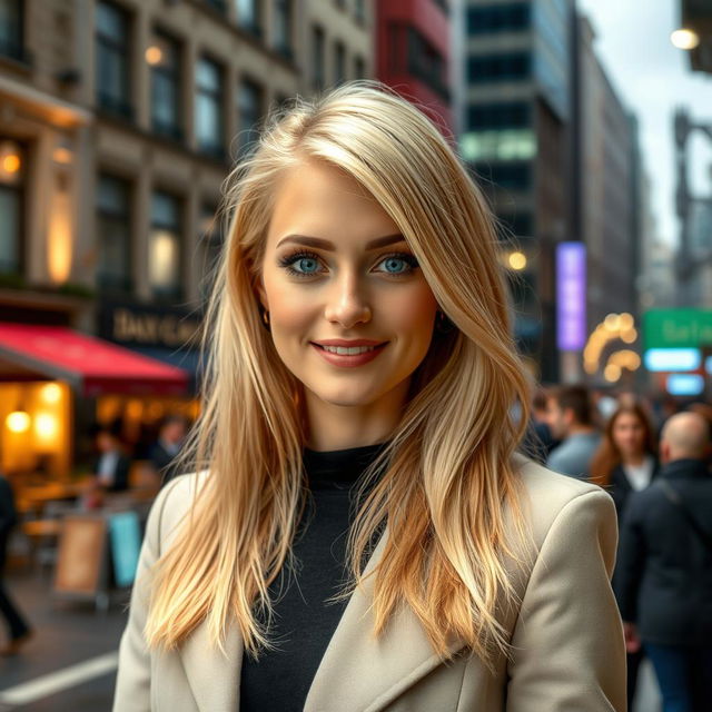 A beautiful Norwegian woman in her mid-20s, showcasing her stunning blonde hair that shines under the city lights