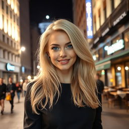 A beautiful Norwegian woman in her mid-20s, showcasing her stunning blonde hair that shines under the city lights