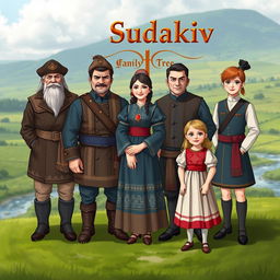 A family tree of Cossacks named Sudakiv, featuring six characters: a stoic elder Cossack wearing traditional attire, a robust man Cossack in a detailed Cossack hat and clothing, a young woman in a beautiful traditional Ukrainian dress, two strong sons showing pride in their Cossack heritage, and a charming young girl with playful expression