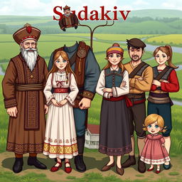 A family tree of Cossacks named Sudakiv, featuring six characters: a stoic elder Cossack wearing traditional attire, a robust man Cossack in a detailed Cossack hat and clothing, a young woman in a beautiful traditional Ukrainian dress, two strong sons showing pride in their Cossack heritage, and a charming young girl with playful expression