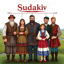A family tree of Cossacks named Sudakiv, featuring six characters: a stoic elder Cossack wearing traditional attire, a robust man Cossack in a detailed Cossack hat and clothing, a young woman in a beautiful traditional Ukrainian dress, two strong sons showing pride in their Cossack heritage, and a charming young girl with playful expression