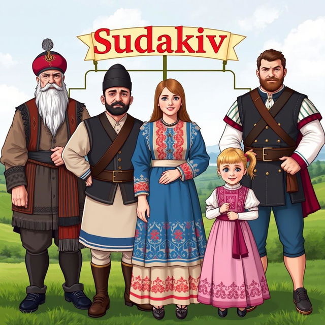 A family tree of Cossacks named Sudakiv, featuring six characters: a stoic elder Cossack wearing traditional attire, a robust man Cossack in a detailed Cossack hat and clothing, a young woman in a beautiful traditional Ukrainian dress, two strong sons showing pride in their Cossack heritage, and a charming young girl with playful expression