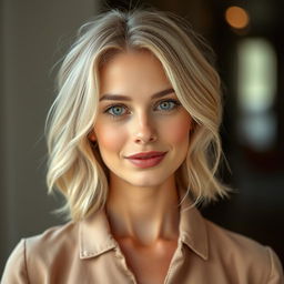 A 38-year-old European woman with light hair and light skin, exuding an elegant charm