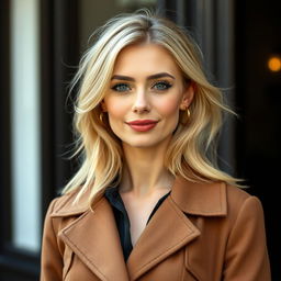 A 38-year-old European woman with light hair and light skin, exuding an elegant charm