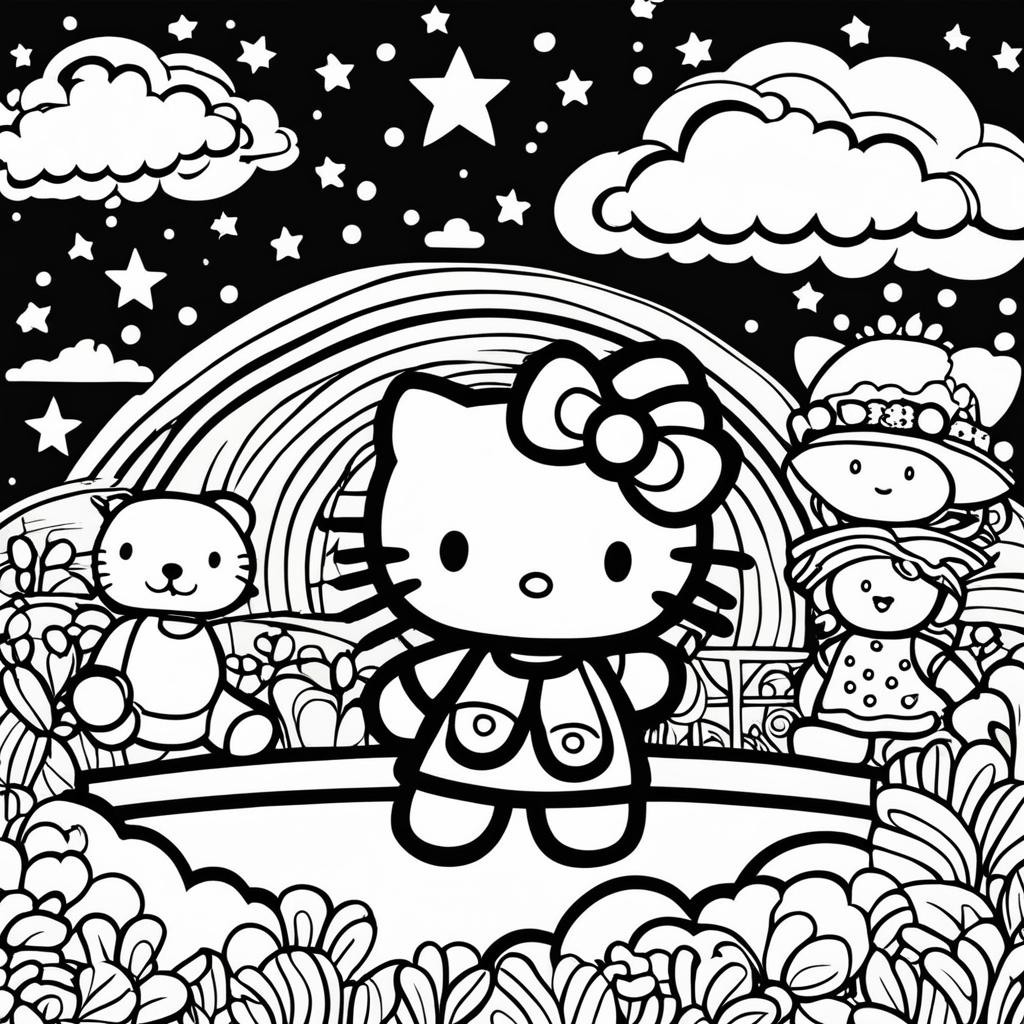 Black and white Hello Kitty themed colouring book page featuring Hello Kitty, a teddy bear, a rainbow, and a sun.