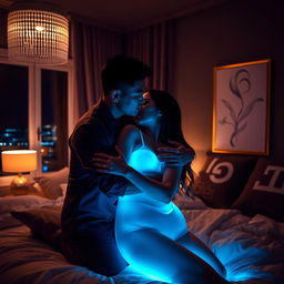 A romantic scene featuring a Chinese man gently hugging and kissing a woman in a stylish bedroom, illuminated by an intriguing black light that casts an ethereal glow over the room