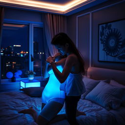 A romantic scene featuring a Chinese man gently hugging and kissing a woman in a stylish bedroom, illuminated by an intriguing black light that casts an ethereal glow over the room