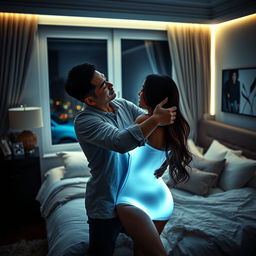 A romantic scene featuring a Chinese man gently hugging and kissing a woman in a stylish bedroom, illuminated by an intriguing black light that casts an ethereal glow over the room