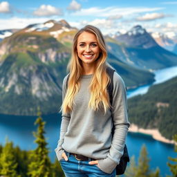 A young Norwegian woman standing against a breathtaking Norwegian landscape, featuring majestic mountains, lush forests, and stunning fjords