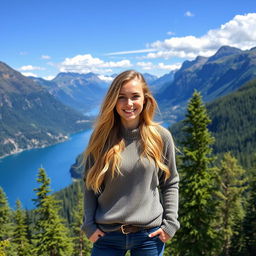 A young Norwegian woman standing against a breathtaking Norwegian landscape, featuring majestic mountains, lush forests, and stunning fjords
