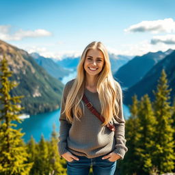 A young Norwegian woman standing against a breathtaking Norwegian landscape, featuring majestic mountains, lush forests, and stunning fjords