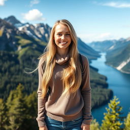 A young Norwegian woman standing against a breathtaking Norwegian landscape, featuring majestic mountains, lush forests, and stunning fjords