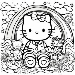 Black and white Hello Kitty themed colouring book page featuring Hello Kitty, a teddy bear, a rainbow, and a sun.