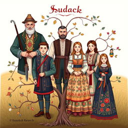 A family tree illustration featuring six individuals from the Sudak family, set against a traditional Ukrainian background