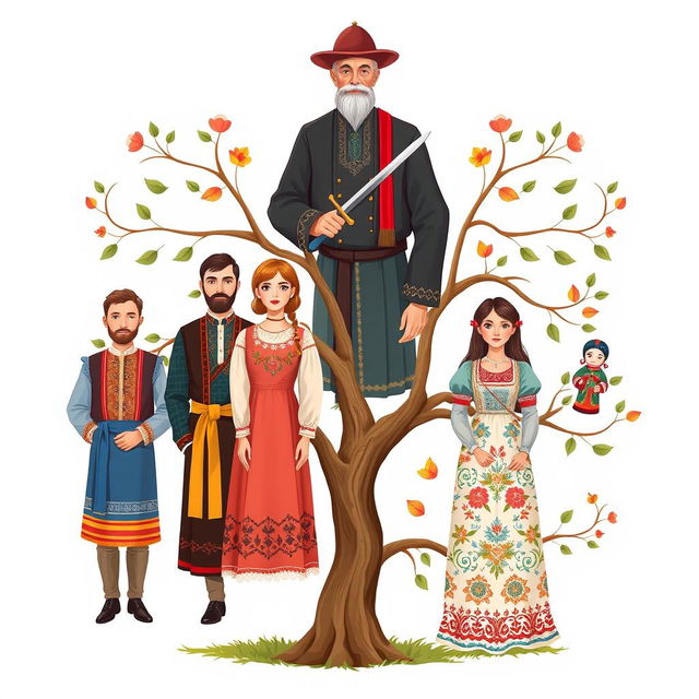 A family tree illustration featuring six individuals from the Sudak family, set against a traditional Ukrainian background