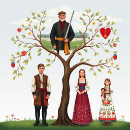 A family tree illustration featuring six individuals from the Sudak family, set against a traditional Ukrainian background
