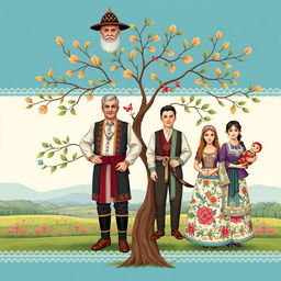 A family tree illustration featuring six individuals from the Sudak family, set against a traditional Ukrainian background
