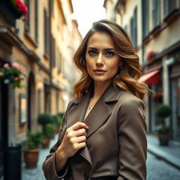 A 35 year old European woman with an elegant appearance, dressed in sophisticated high-fashion attire, standing on a charming Italian street