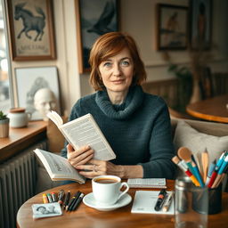 A 45-year-old Norwegian woman with short chestnut hair and expressive green eyes, deeply immersed in her passion for art and culture