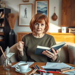 A 45-year-old Norwegian woman with short chestnut hair and expressive green eyes, deeply immersed in her passion for art and culture