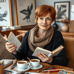 A 45-year-old Norwegian woman with short chestnut hair and expressive green eyes, deeply immersed in her passion for art and culture