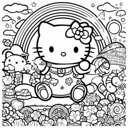 Black and white Hello Kitty themed colouring book page featuring Hello Kitty, a teddy bear, a rainbow, and a sun.