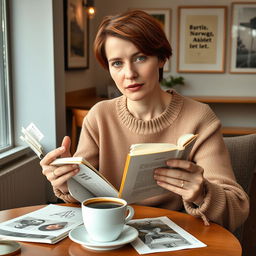 A 35-year-old Norwegian woman with short chestnut hair and expressive green eyes, deeply engaged in her passion for art and culture